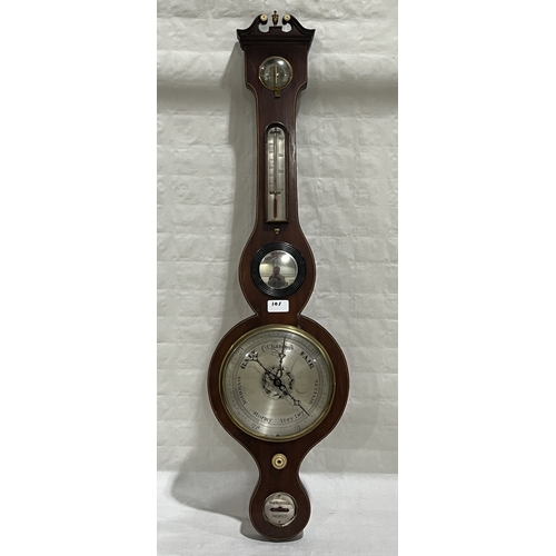 101 - A 19th century mercurial wheel barometer with hygrometer, thermometer, convex mirror and level. 38in... 
