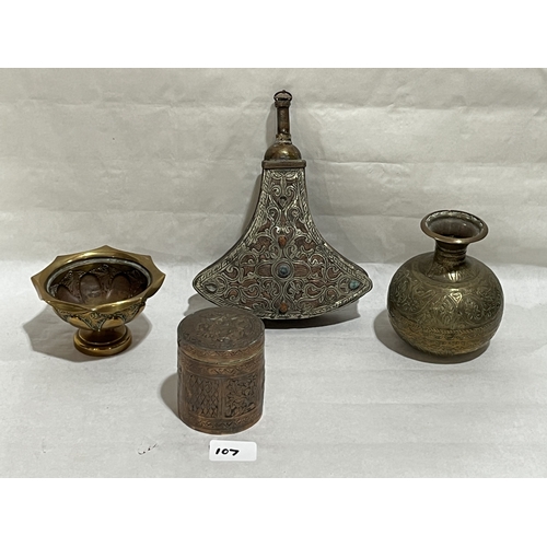 107 - A North African copper and white metal overlaid powder flask with applied hardstone cabochons, 8½in ... 