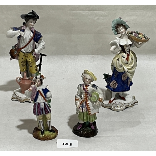 108 - A pair of 19th century Sitzendorf figures of a gallant and lady companion, 7½in high and two smaller... 