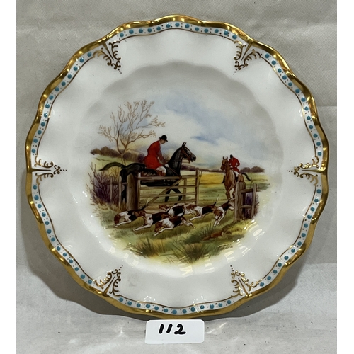 112 - A Royal Crown Derby cabinet plate decorated with a hunting scene. 8in diameter