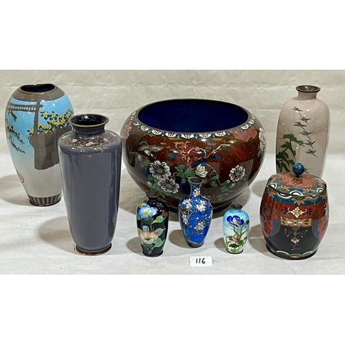 116 - A collection of oriental cloisonne objects, the jardiniere. 11in diameter (Qty)