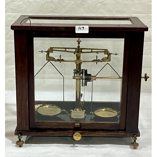 117 - A set of mahogany cased gilt brass laboratory scales by Baird & Taylor, London. The case 15½in high