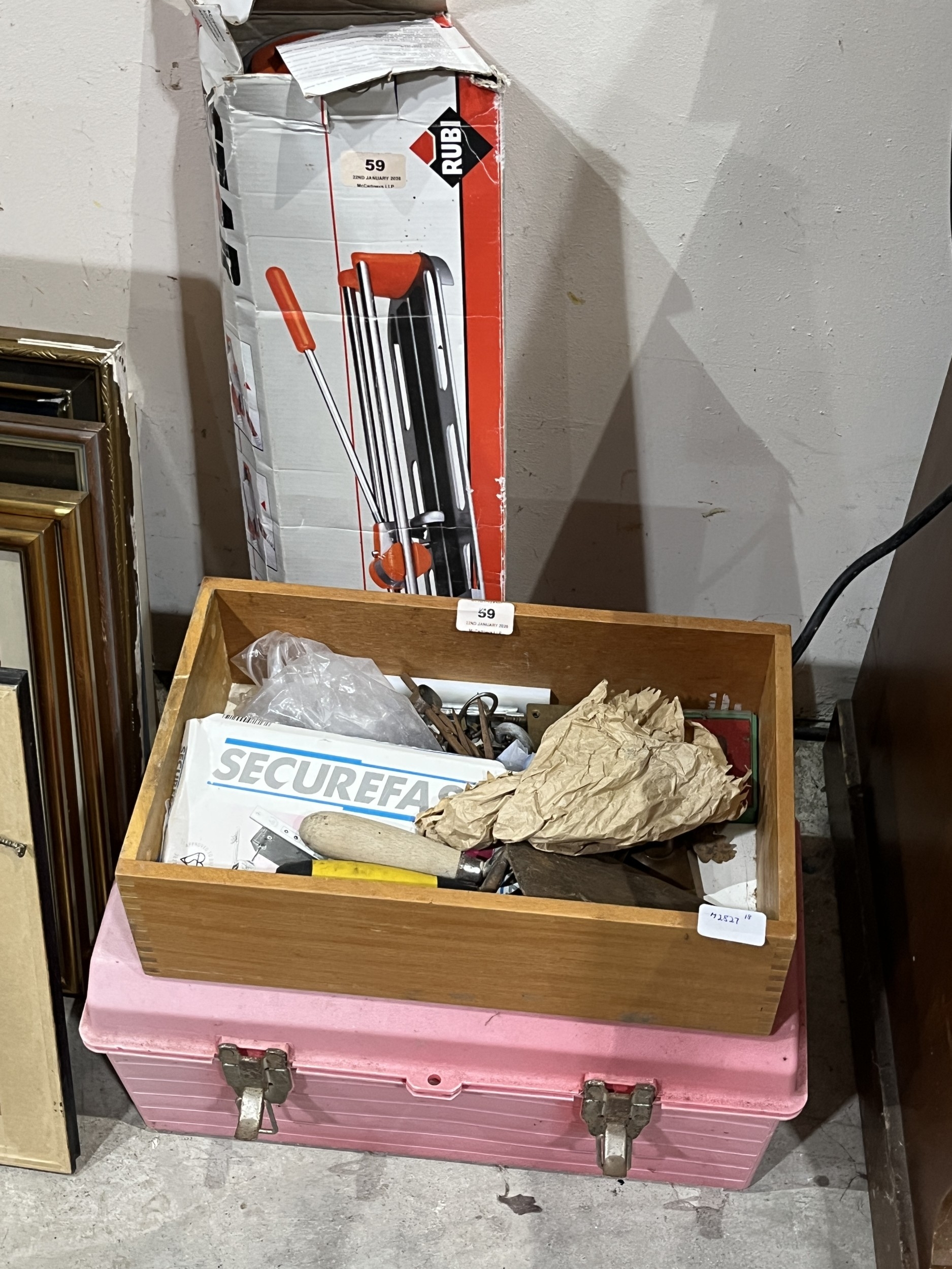 Two boxes of sundry tools and a tile cutter