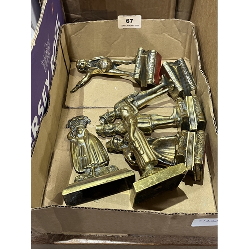 67 - A box of brass Dickens figures and others