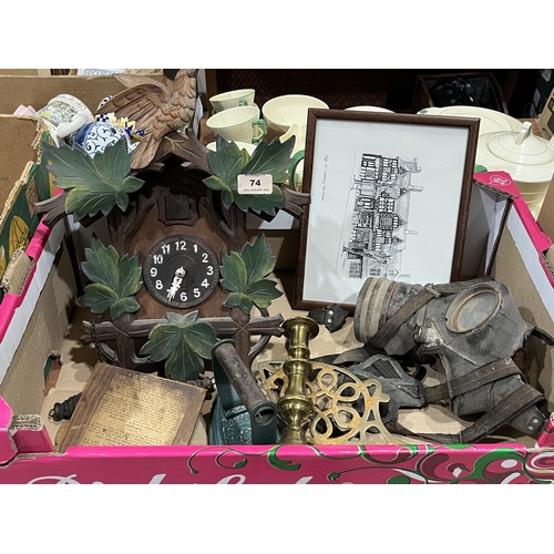 74 - A box of sundry metalware with a cuckoo clock