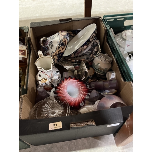 91 - Two boxes of ceramics and glassware