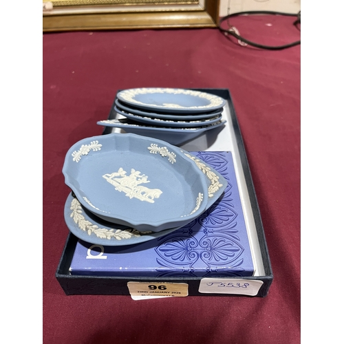 96 - Seven Wedgwood blue jasparware dishes