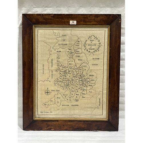 98 - A George III needlework, Map of England and Wales, worked by Juliet Concanen 1793. The textile 23in ... 
