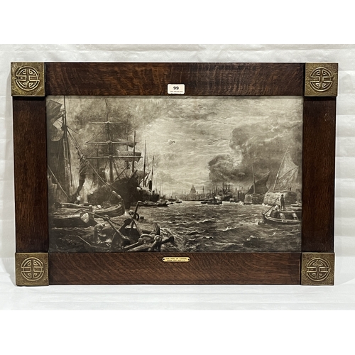 99 - An Arts and Crafts oak frame, the corners iwth embossed brass embellishments. 20in x 29in overall