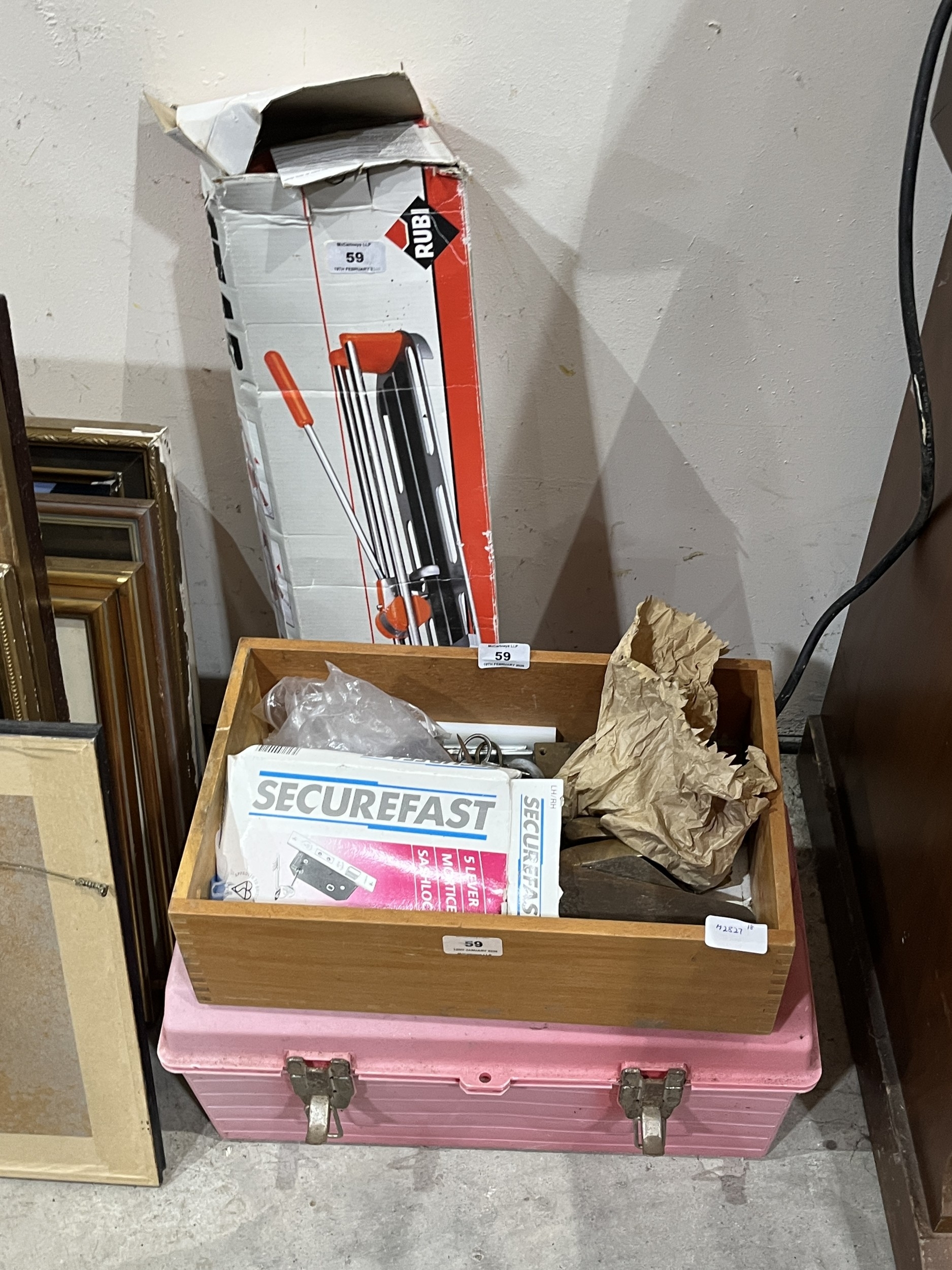 Two boxes of sundry tools and a tile cutter