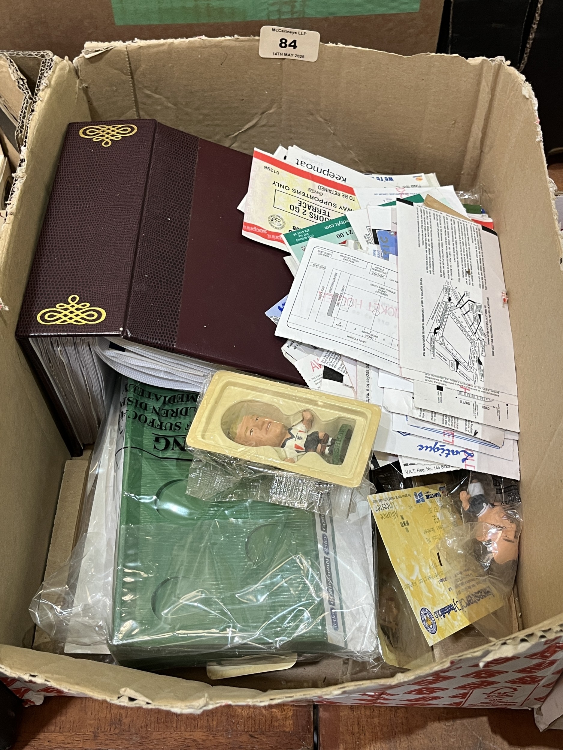 Two boxes of football match tickets and sporting ephemera