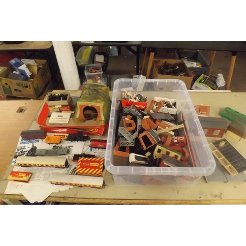 Large box of Triang Hornby Rolling stock, track, buildings, Airfix ...