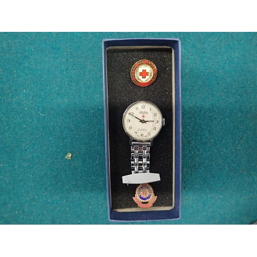 Swiss Nurses winding Fob watch working + enamel badges.