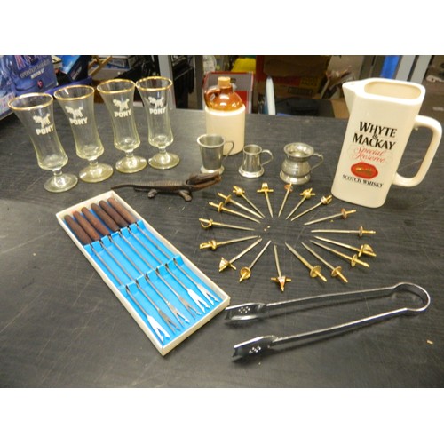 Retro Bar items Alligator nutcracker, Whyte & Mackay Whisky jug, 3