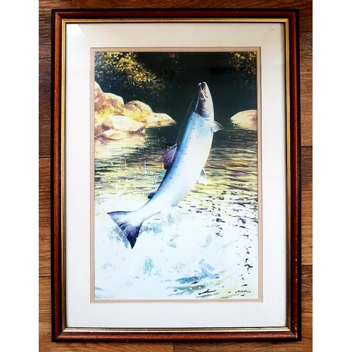 121 - 2 Framed and Glazed Angling-Related Prints of a trout chasing a mayfly and a leaping salmon