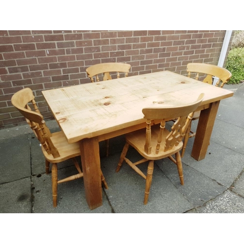 6 - Solid Plank Top Farmhouse Pine Table with Four  Farmhouse Pine Chairs measuring 60 inches x 36 inche... 
