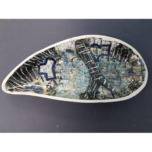 50 - Rare Prudhoe Pottery Glazed Dish with abstract design, 33cm x 15cm, marking to base