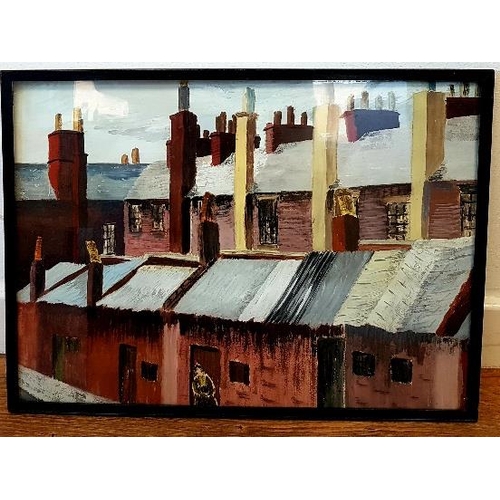 61 - Framed and Glazed watercolour of mining town terraced rooftops, unsigned.  Size is 21 inches x 15 in... 
