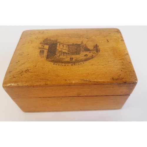 11 - Mauchline Ware Box embossed with Shotley Bridge measuring  3 inches x 2 inches x 1.5 inches