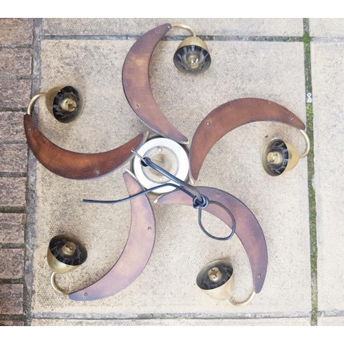 39 - Pair of rare vintage teak veneered and brass five branch propeller light fittings, approximately 65c... 