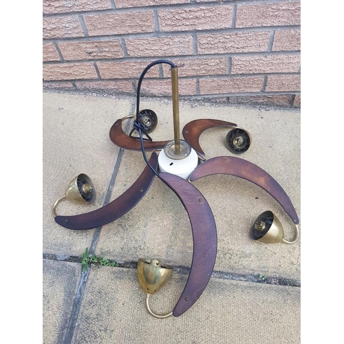 39 - Pair of rare vintage teak veneered and brass five branch propeller light fittings, approximately 65c... 