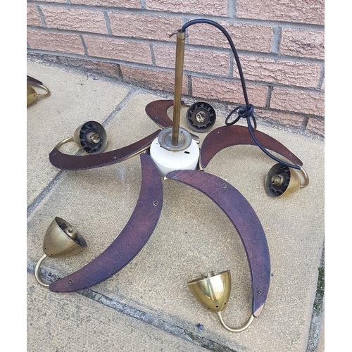 39 - Pair of rare vintage teak veneered and brass five branch propeller light fittings, approximately 65c... 