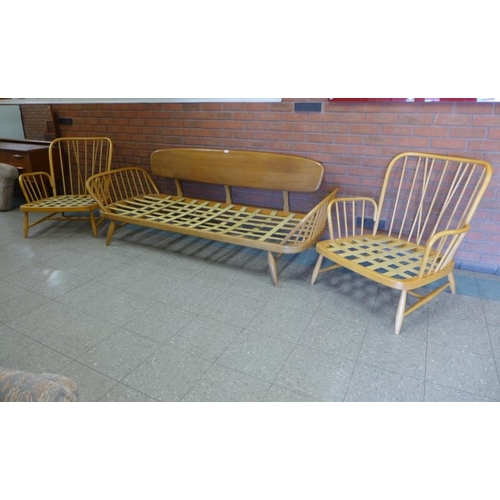 5 - Ercol Elm and Beech Model 355 Studio Couch with Two Matching Armchairs and Cushions.  Couch measures... 