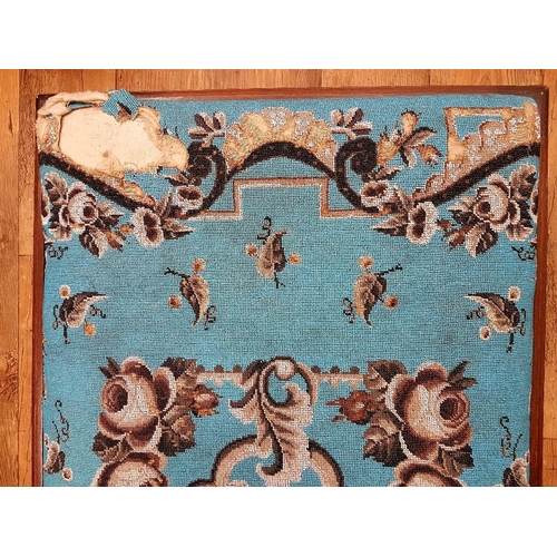 71 - A large Victorian Mahogany Beaded Tapestry Footstool with striking blue design. Measuring 50 inches ... 