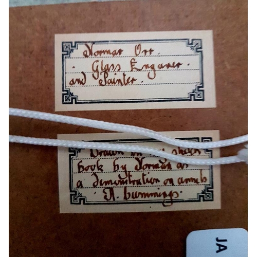 84 - Norman Orr (world-renowned Scottish glass engraver) sketches of hedgehog and badger, with notes to t... 