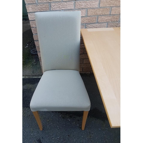 92 - Modern extending dining table with two upholstered chairs.  Measures 65 inches x 36 inches x 30 inch... 