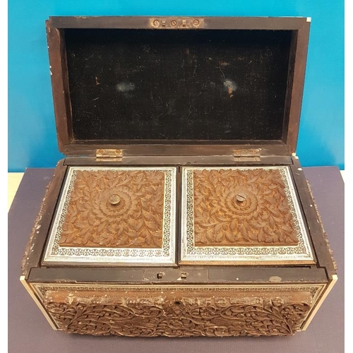 2 - Anglo Indian Carved Sandalwood and Sadeli Double Tea Caddy 1820 with all over panelling (some damage... 