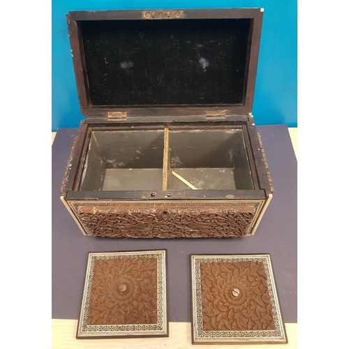 2 - Anglo Indian Carved Sandalwood and Sadeli Double Tea Caddy 1820 with all over panelling (some damage... 