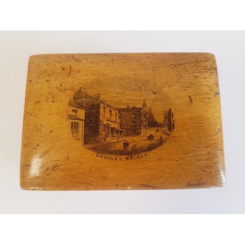 105 - Mauchline Ware Box embossed with Shotley Bridge measuring  3 inches x 2 inches x 1.5 inches