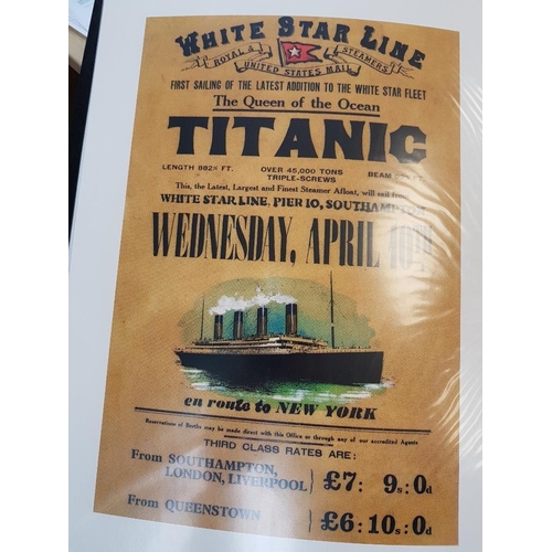 109 - Two Albums containing reproduction posters on card including travel, Titanic, Monaco, WW2, Railway e... 