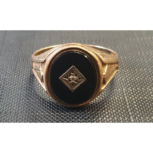 4 - 9ct Gold Signet Ring with Black Inset and Small Diamond, weight 4.66g.  Size R