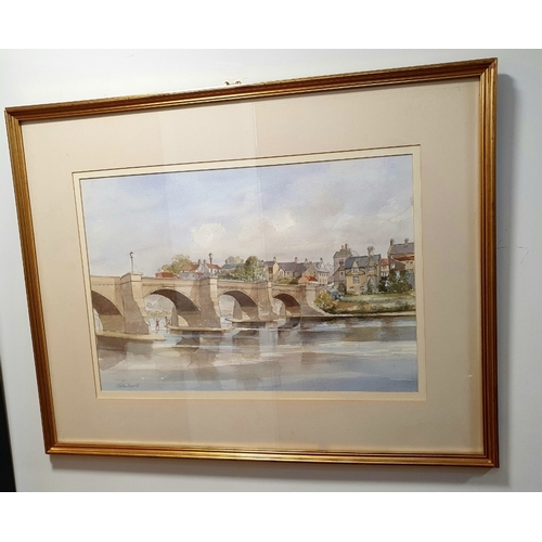 37 - Framed and Glazed Watercolour depicting the famous bridge over the River Tyne at Corbridge, signed b... 
