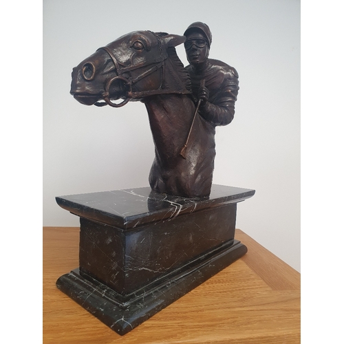 54 - Large Contemporary Racehorse Figure with Jockey mounted on Black Marble Base.  Size is 12 inches len... 