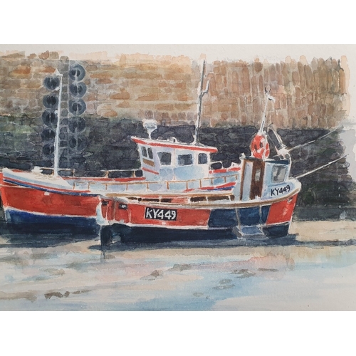 60 - Ann Boswell Original Watercolour on Board of a Fishing Boat in the Harbour.  Signed and unframed, si... 