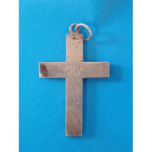 21 - Georg Jensen Silver Crucifix with chamfered edges and decorative cut front.  GJ and Silver mark to r... 