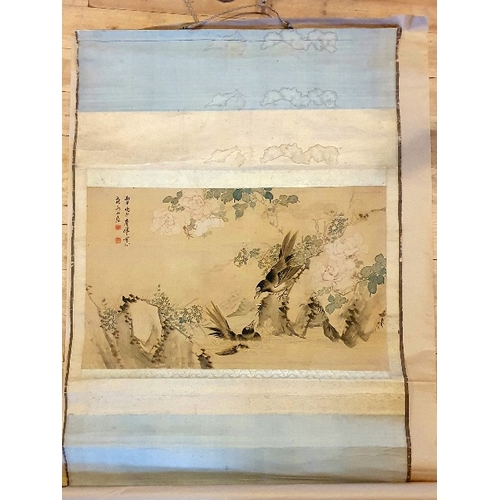 140 - Chinese Scroll Watercolour depicting two birds nesting in blossom.  Size of scroll is 36 inches x 25... 