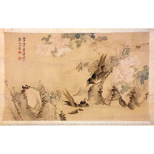 140 - Chinese Scroll Watercolour depicting two birds nesting in blossom.  Size of scroll is 36 inches x 25... 