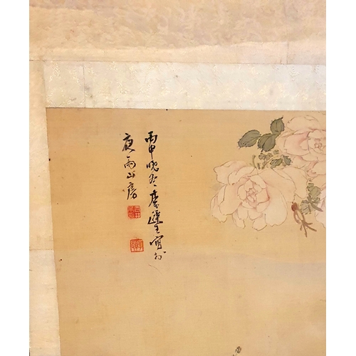 140 - Chinese Scroll Watercolour depicting two birds nesting in blossom.  Size of scroll is 36 inches x 25... 