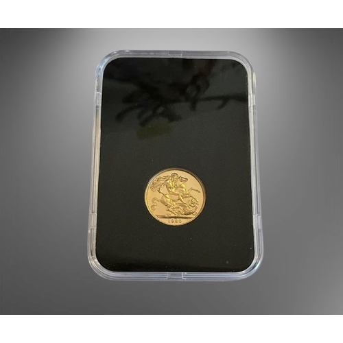 2 - Full Arnold Machin Queen Elizabeth the Second Gold Proof Sovereign dated 1980 in protective plastic ... 