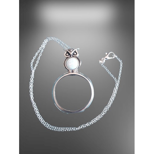 50 - Silver Magnifying Pendant Necklace Stylised as an Owl with an Opal Cabuchon