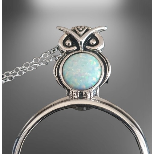 50 - Silver Magnifying Pendant Necklace Stylised as an Owl with an Opal Cabuchon