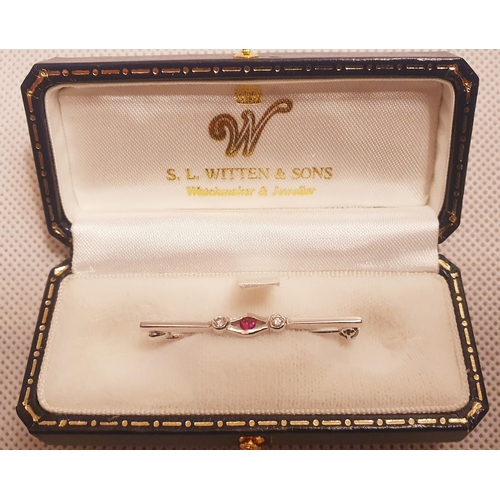 17 - 18ct White Gold Diamond and Ruby Bar Brooch