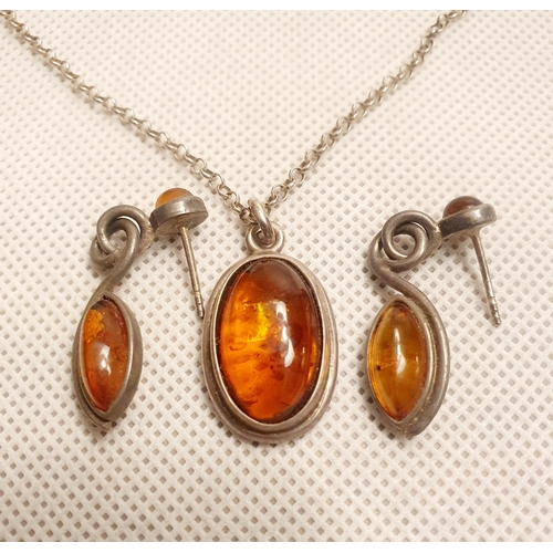 56 - Silver and Amber Necklace with Earrings