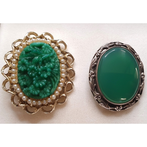 58 - A Silver and Green Agate Brooch, hallmarked Sydney & Co, Birmingham 1939, plus one other gilt oval b... 