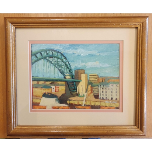 2 - Peter Collins Oil on Board of Tyne Bridge Cityscape.  Signed, framed and mounted, visible image is 8... 