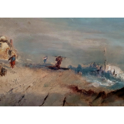 36 - Wilfred Knox watercolour of cottages with figures by the shore on a windy day.  Signed and mounted, ... 